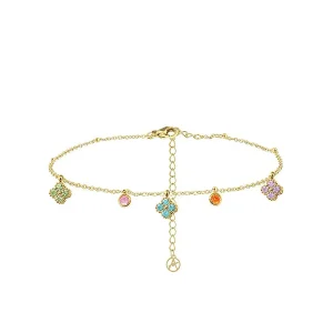 Women's bracelet, Multicolor Zircon Four-Leaf Clovers, Gold Tone chain, Rhinestone, 316L Stainless Steel. Ideal gift in Cyprus.