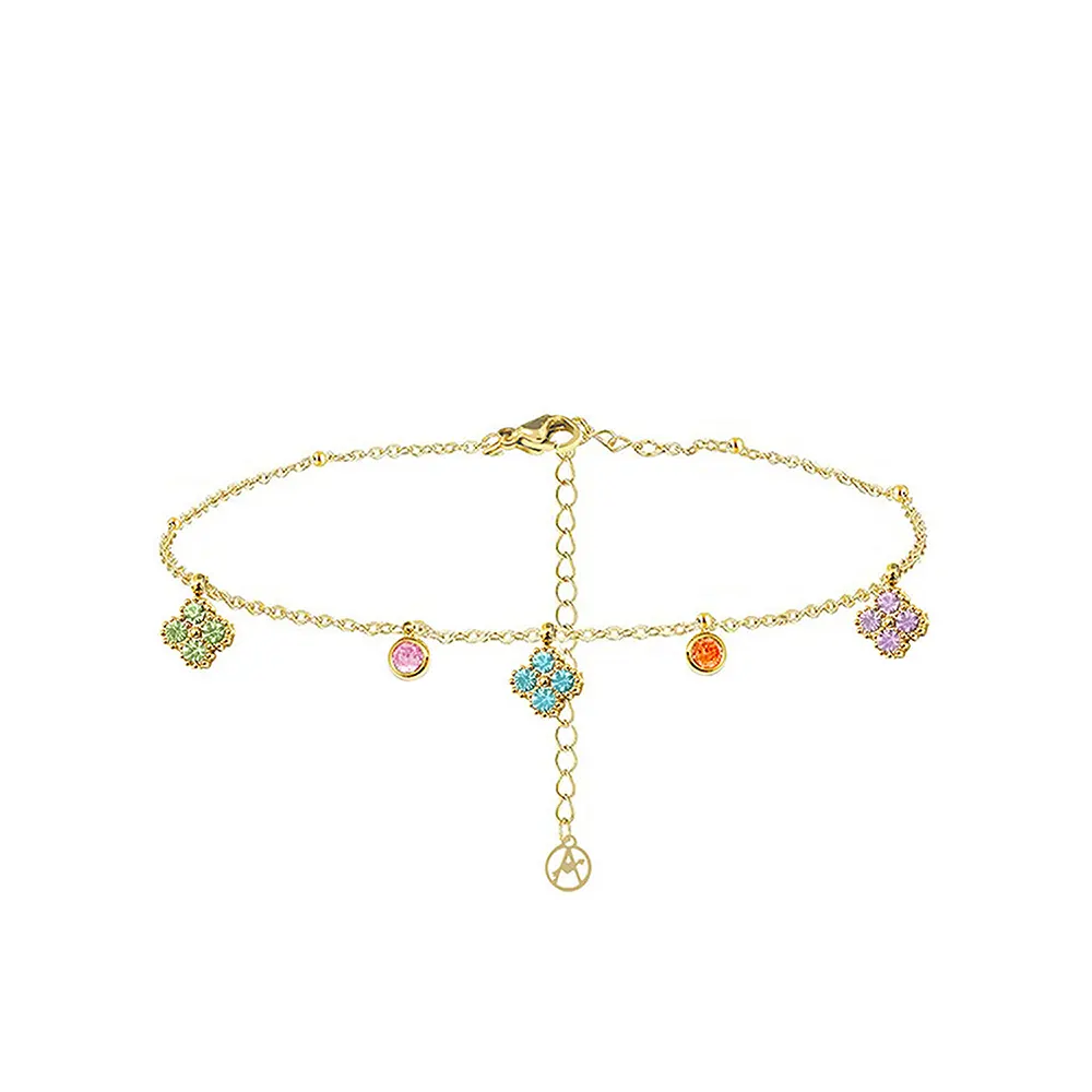 Women's bracelet, Multicolor Zircon Four-Leaf Clovers, Gold Tone chain, Rhinestone, 316L Stainless Steel. Ideal gift in Cyprus.