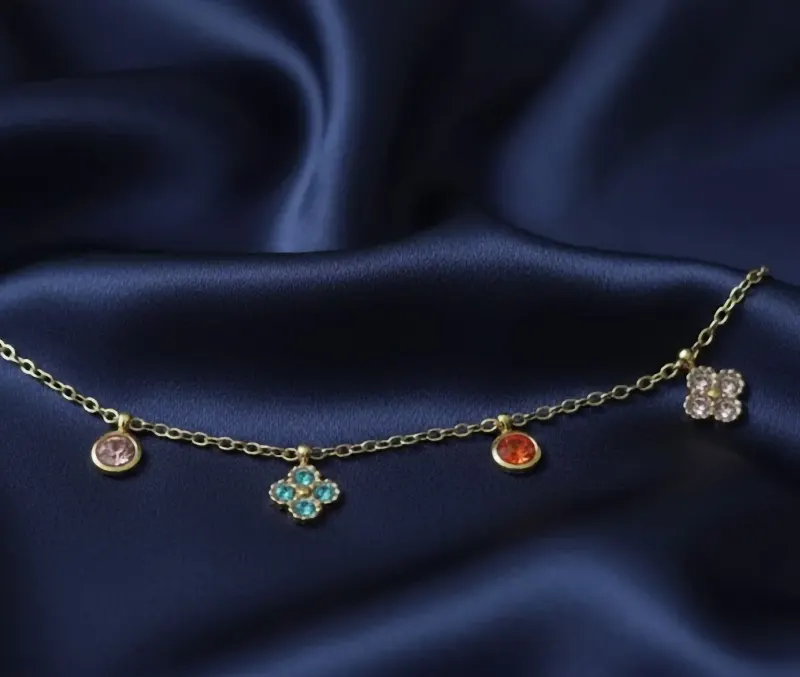 Women's bracelet, Multicolor Zircon Four-Leaf Clovers, Gold Tone chain, Rhinestone, 316L Stainless Steel. Ideal gift in Cyprus open
