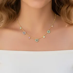 Women wears a , Multicolor necklace with Zircon Hearts, Gold Tone chain, Rhinestone, Stainless Steel. Ideal gift in Cyprus.