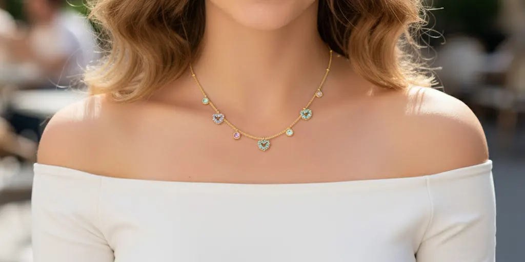 Women wears a , Multicolor necklace with Zircon Hearts, Gold Tone chain, Rhinestone, Stainless Steel. Ideal gift in Cyprus.