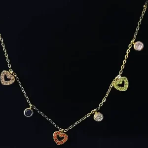 Women's necklace, Multicolor Zircon Hearts, Gold Tone chain, Rhinestone, Stainless Steel. Ideal gift in Cyprus. Black Box