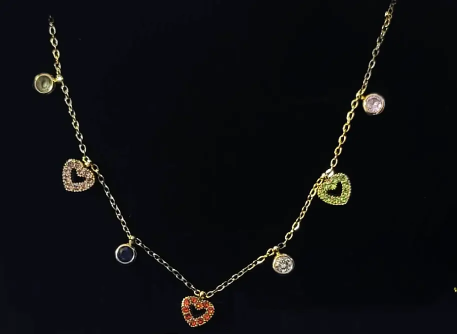 Women's necklace, Multicolor Zircon Hearts, Gold Tone chain, Rhinestone, Stainless Steel. Ideal gift in Cyprus. Black Box