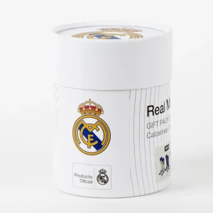 Professional packaging of Real Madrid socks featuring the official holographic authenticity seal.