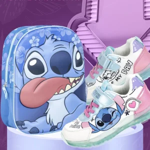 Lilo and Stitch Back 2 School Bundle featuring a kids 3D embossed Stitch backpack and athletic sports shoes with flashing LED lights