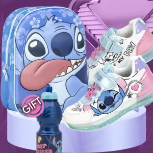 Lilo and Stitch Back 2 School Bundle featuring a kids 3D embossed Stitch backpack and athletic sports shoes with flashing LED lights
