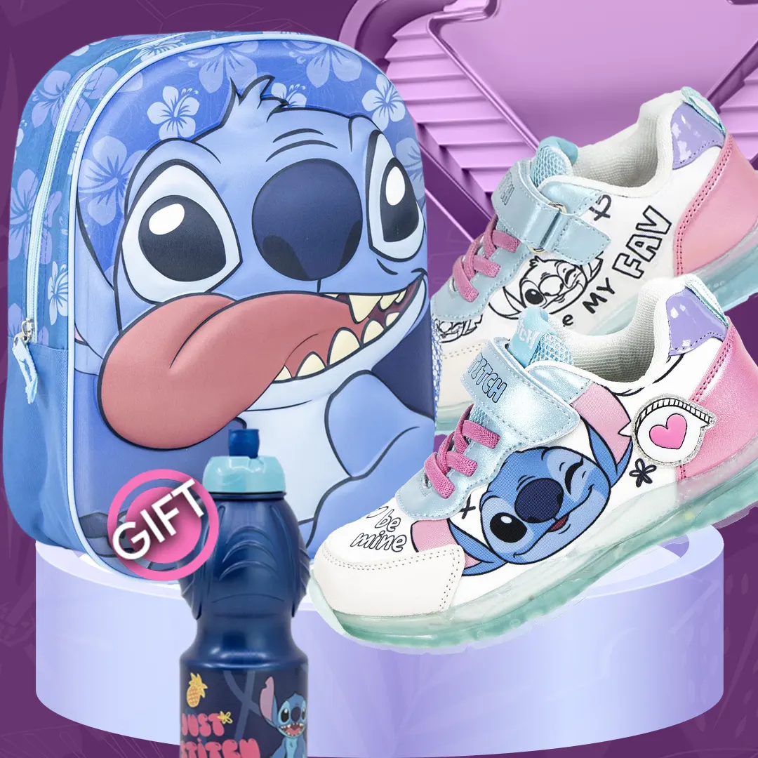 Lilo and Stitch Back 2 School Bundle featuring a kids 3D embossed Stitch backpack and athletic sports shoes with flashing LED lights