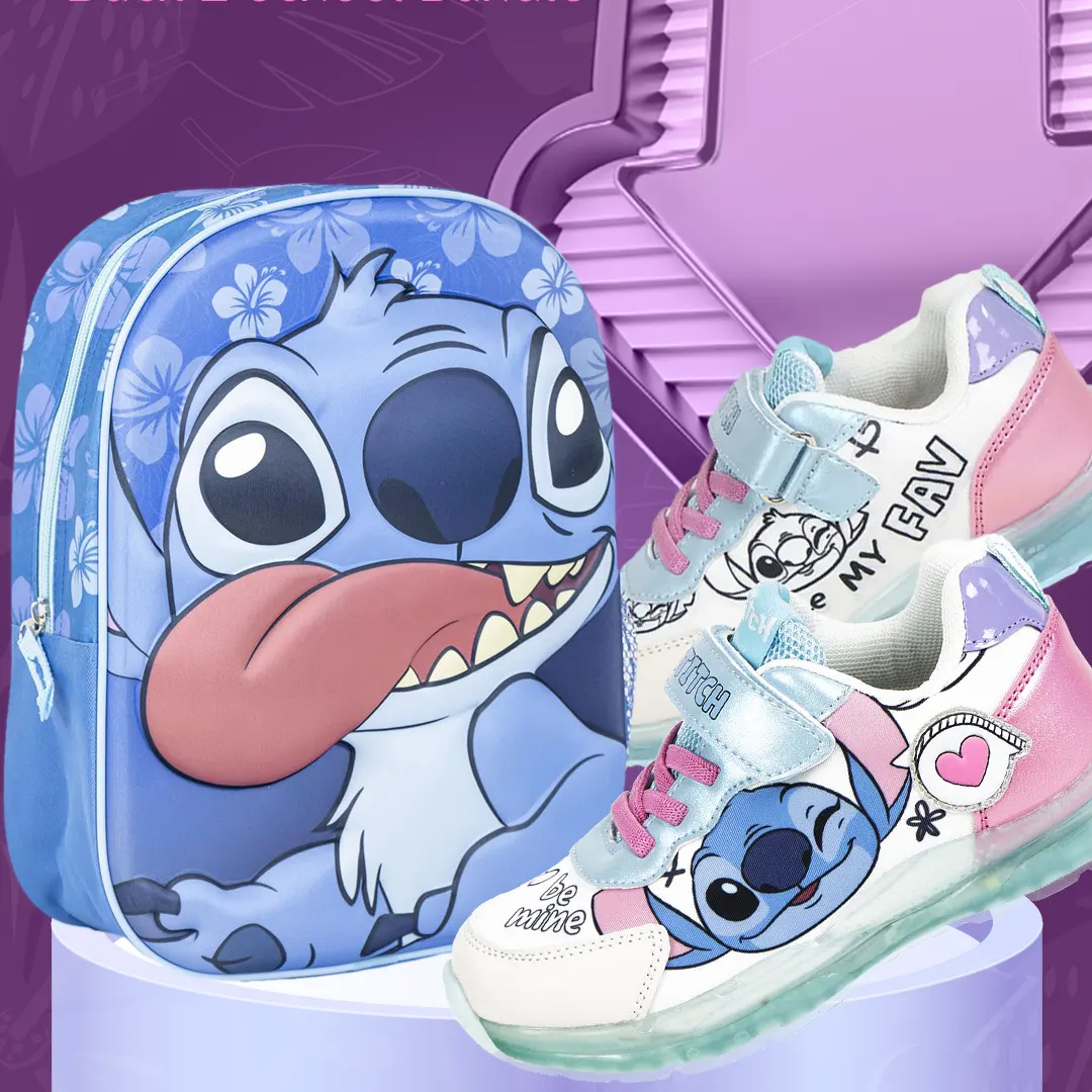 Lilo and Stitch Back 2 School Bundle featuring a kids 3D embossed Stitch backpack and athletic sports shoes with flashing LED lights