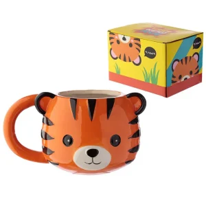 3D Tiger Head ceramic shaped mug featuring vibrant orange and black stripes and box