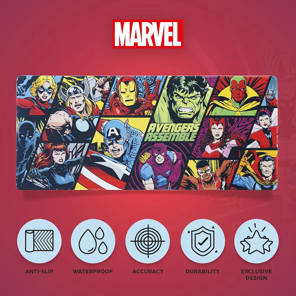 Avengers gaming desk mat with 80x35cm dimensions, waterproof high-density textile, and anti-slip rubber base