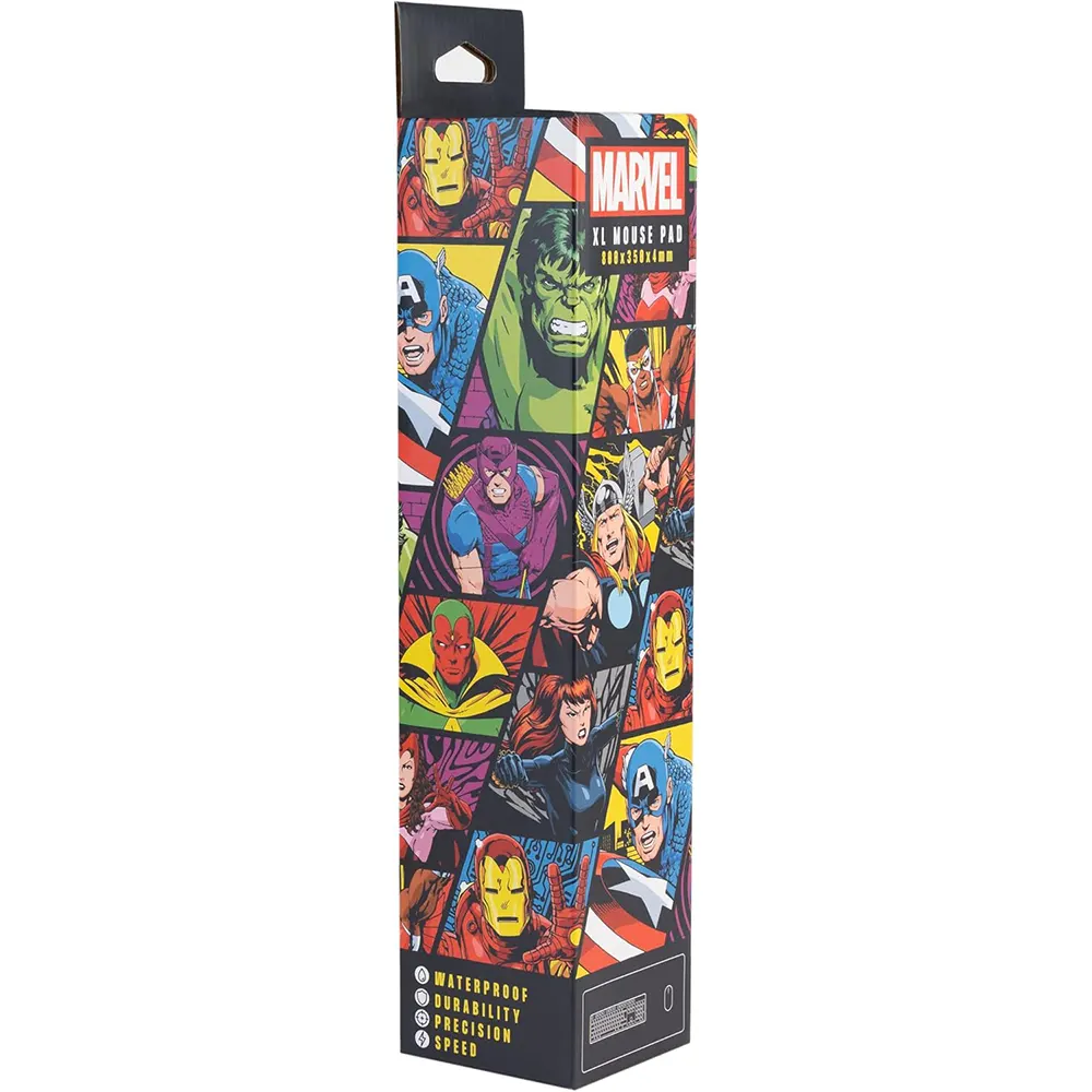 Avengers gaming desk mat with XXL dimensions, waterproof high-density textile, and anti-slip rubber base, Mouse Pad Box