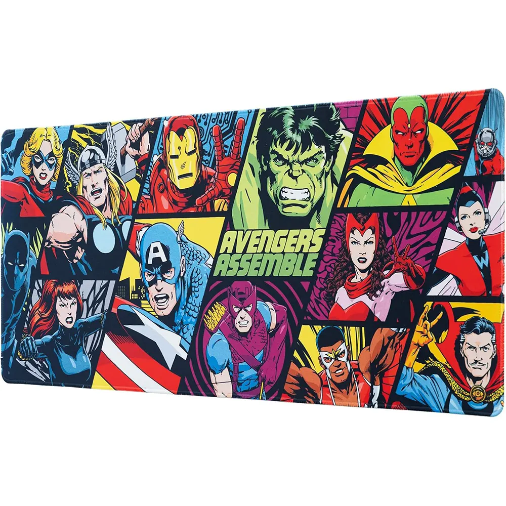Avengers gaming desk mat with XXL dimensions, waterproof high-density textile, and anti-slip rubber base