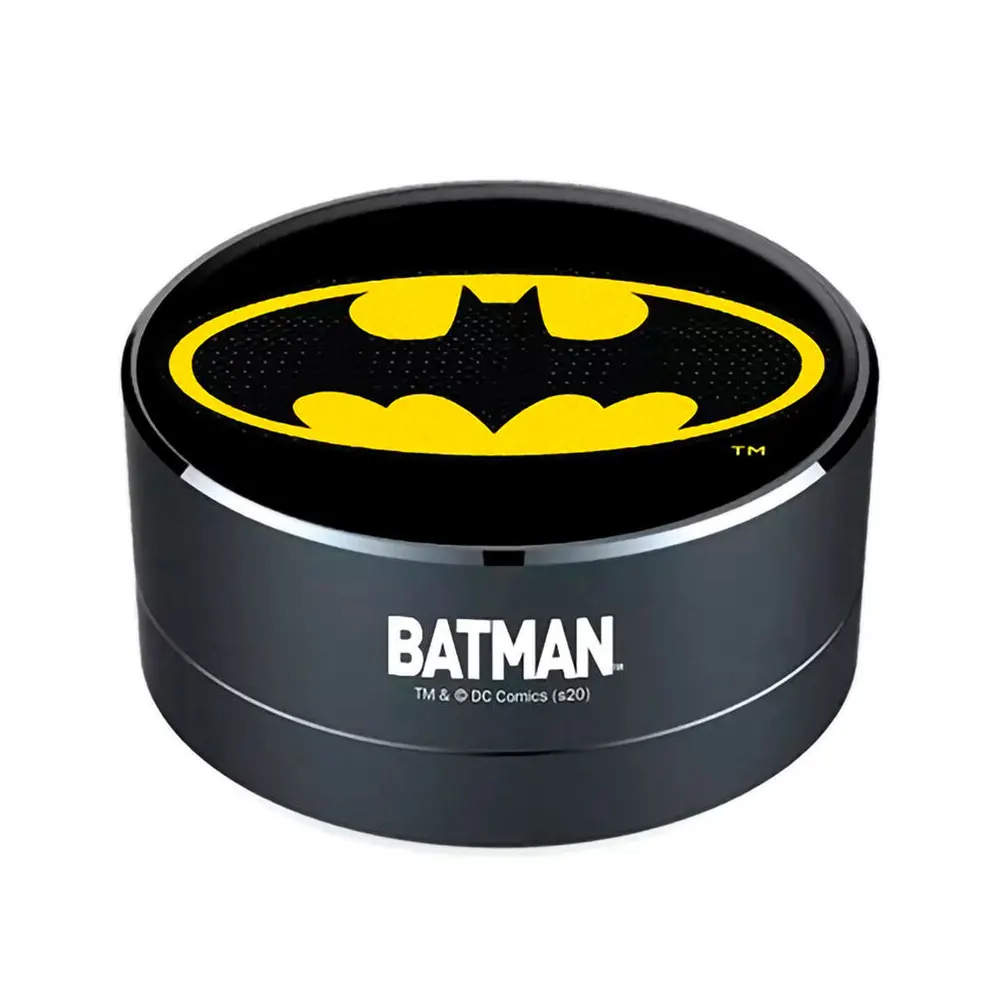 DC Comics Batman officially licensed 3W portable wireless speaker with premium aluminum housing and built-in FM radio, Front View
