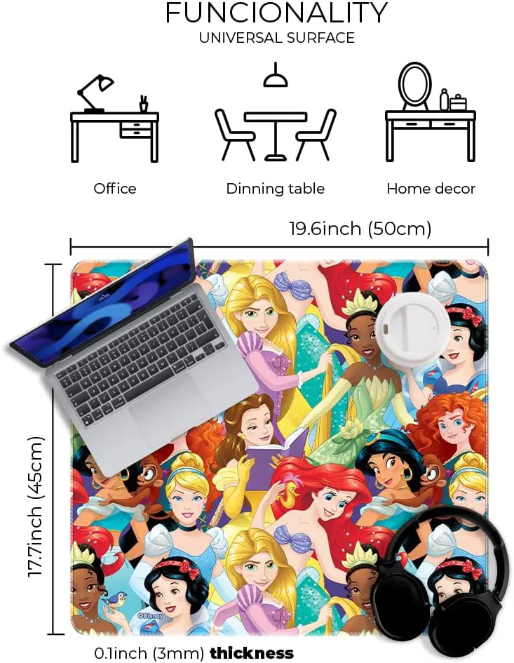 Disney Princesses officially licensed premium desk mat 50x45 cm with protective non-slip rubber base, Dimentions