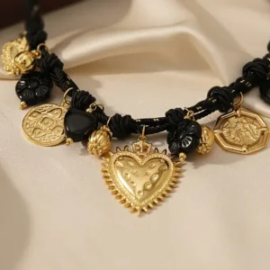 Women's necklace, Black Fabric Thread, Gold Hearts, Ethnic Vintage, Stainless Steel. Ideal gift in Cyprus.