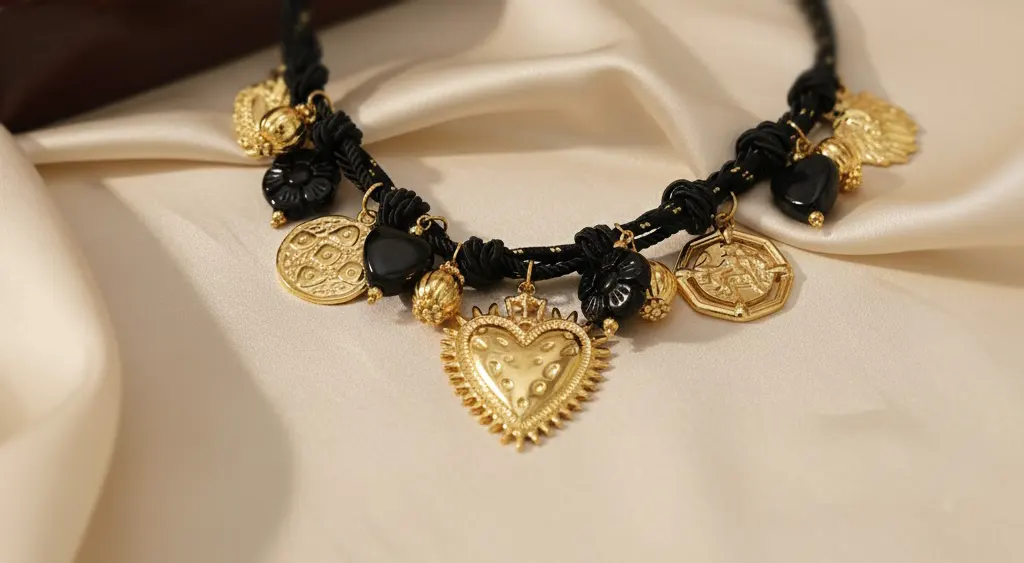 Women's necklace, Black Fabric Thread, Gold Hearts, Ethnic Vintage, Stainless Steel. Ideal gift in Cyprus.