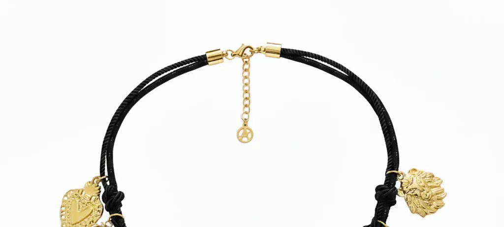 Women's necklace, Black Fabric Thread, Gold Hearts, Ethnic , Stainless Steel. Ideal gift in Cyprus.