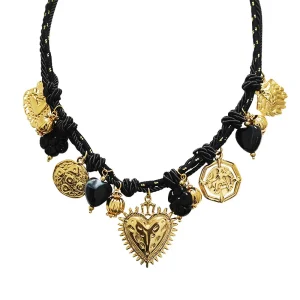 Women's necklace, Black Fabric Thread, Gold Hearts, Ethnic , Stainless Steel.