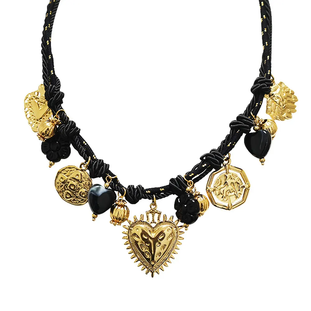 Women's necklace, Black Fabric Thread, Gold Hearts, Ethnic , Stainless Steel.