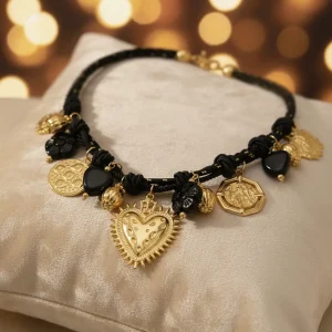 Women's necklace, Black Fabric Thread, Gold Hearts, Ethnic Vintage, 316L Stainless Steel. Ideal gift in Cyprus.