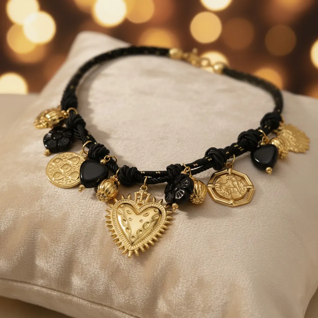 Women's necklace, Black Fabric Thread, Gold Hearts, Ethnic Vintage, 316L Stainless Steel. Ideal gift in Cyprus.