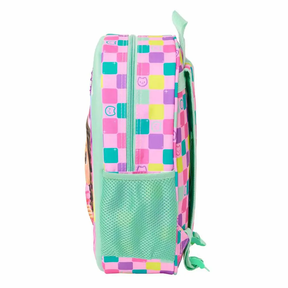 Gabbys Dolls House 3D backpack for preschool with thermoformed design, top hand handle, 33x27x10 cm dimensions, and free coloring gift, Side View