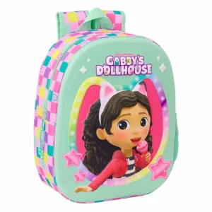 Gabbys Dolls House 3D backpack for preschool with thermoformed design, top hand handle, 33x27x10 cm dimensions, and free coloring gift, Front View