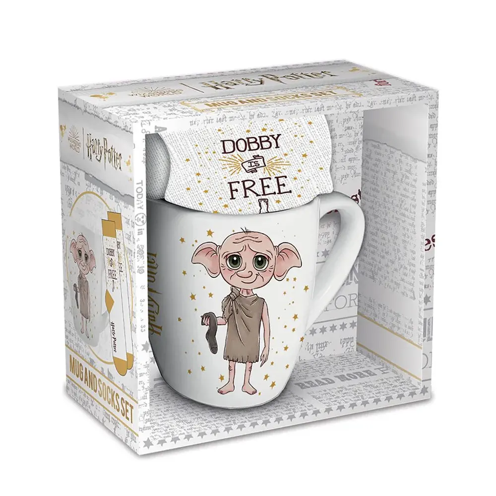 Harry Potter Dobby gift set containing a 315ml ceramic mug with Free Dobby design and socks pack
