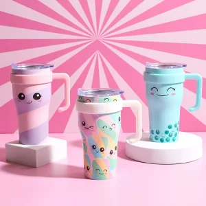 Aesthetic Kawaii travel mug placed next to a gym bag and fitness accessories.