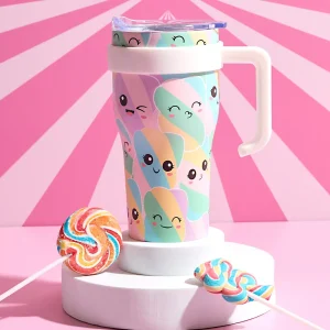 Kawaii Miami Collection thermal mug with a pastel finish and ergonomic handle. Multicolor