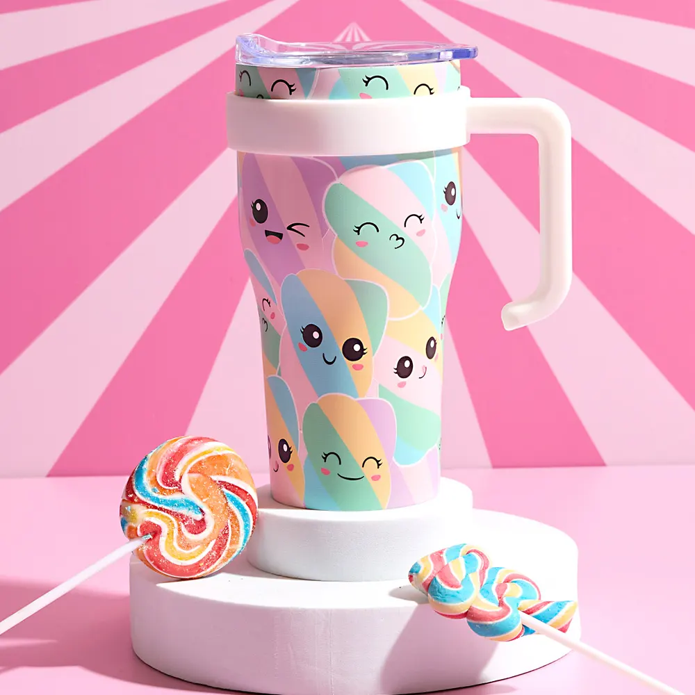 Kawaii Miami Collection thermal mug with a pastel finish and ergonomic handle. Multicolor