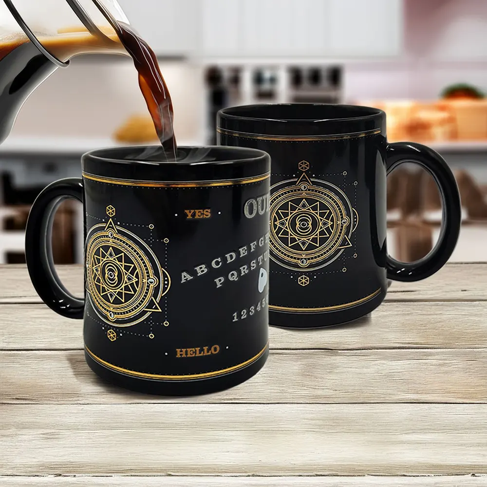Magic Ouija Heat Change Ceramic Mug revealing a spirit board