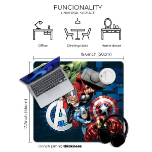 Marvel Avengers officially licensed premium desk mat 50x45 cm with durable non-slip rubber base for gaming and office, dimentions