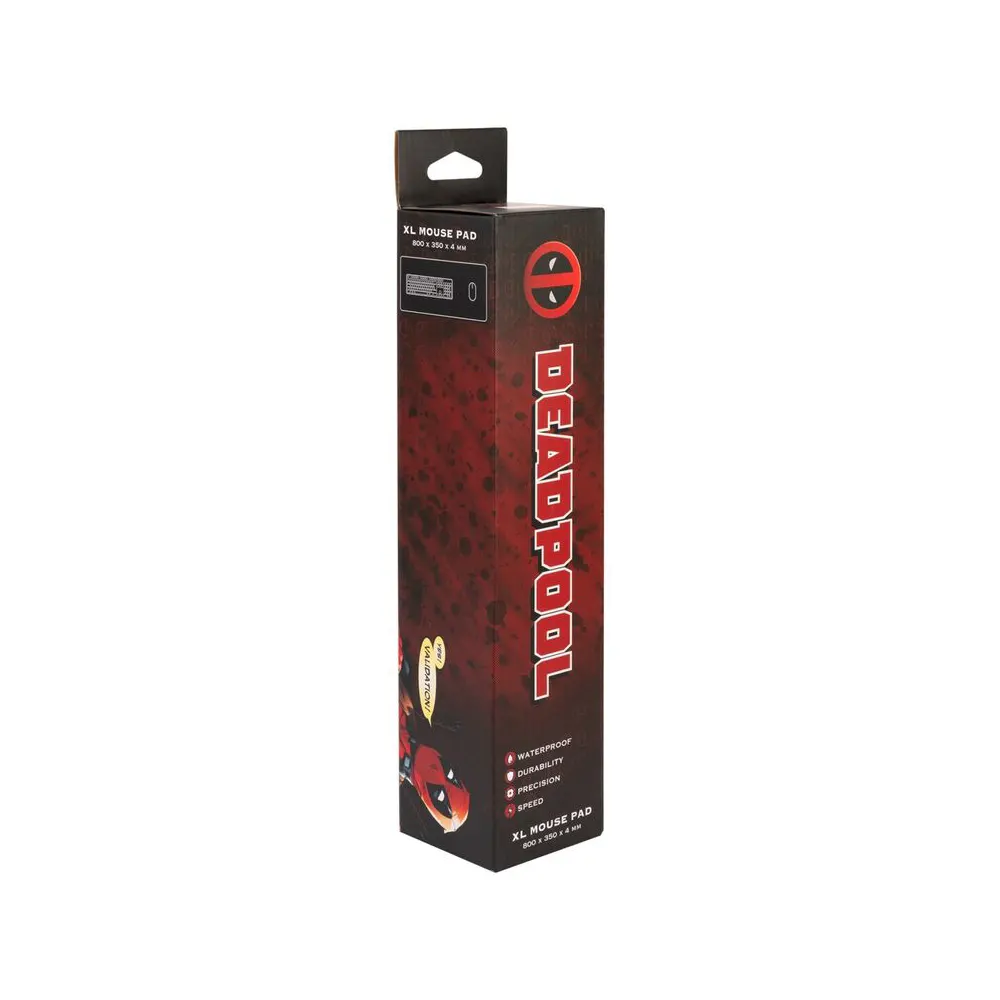 Marvel Deadpool gaming desk mat with 80x35cm dimensions, waterproof high-density textile, and anti-slip rubber base, water resistance box