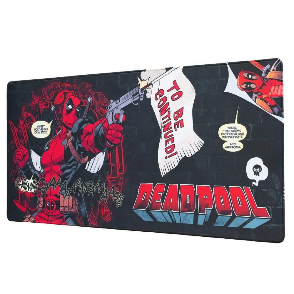 Marvel Deadpool gaming desk mat with 80x35cm dimensions, waterproof high-density textile, and anti-slip rubber base