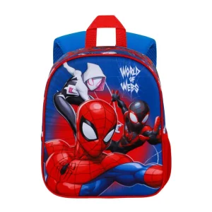 Spiderman 3D backpack for preschool with thermoformed design, top hand handle, 30x25x10 cm dimensions, Spidery and his amazing friends, name tag, front view