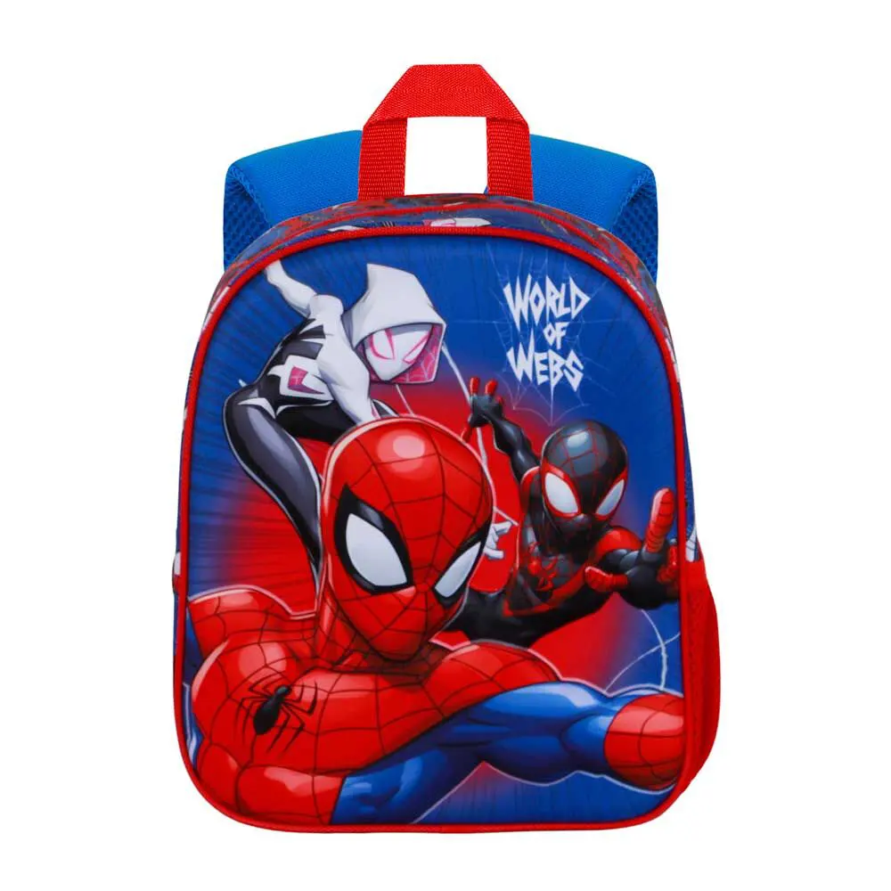 Spiderman 3D backpack for preschool with thermoformed design, top hand handle, 30x25x10 cm dimensions, Spidery and his amazing friends, name tag, front view