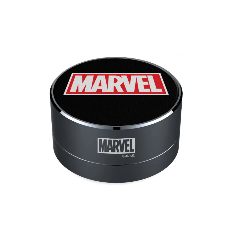 Marvel officially licensed 3W portable wireless speaker with premium aluminum housing and built-in FM radio, front side