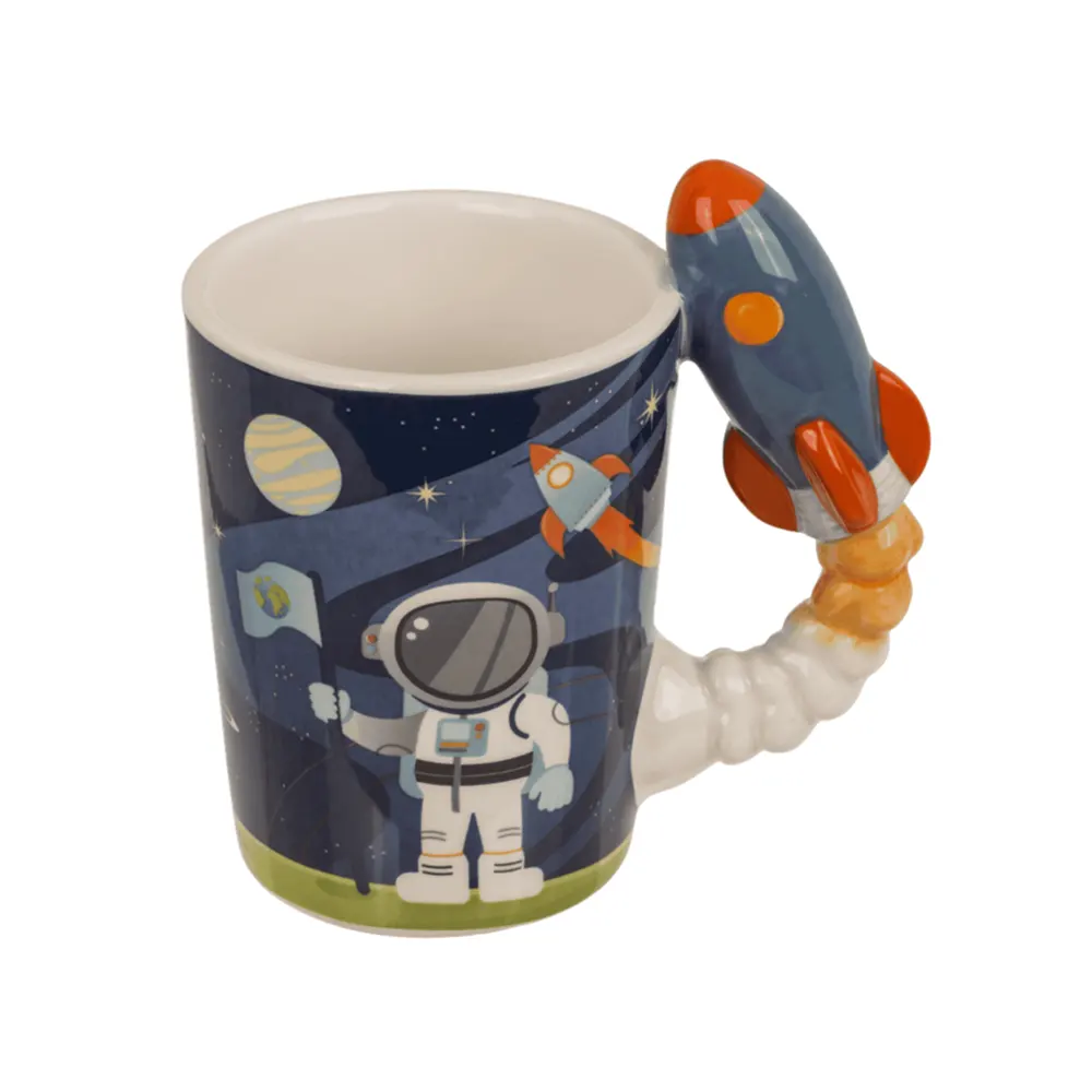 Mug with Rocket unique ceramic coffee cup 375ml with rocket-shaped handle for space fans, desing