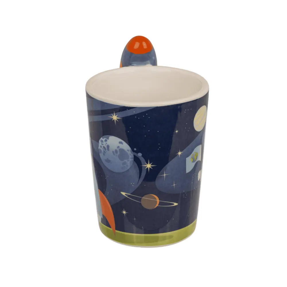 Mug with Rocket unique ceramic coffee cup 375ml with rocket-shaped handle for space fans, planets desing