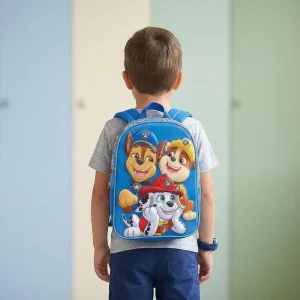 Paw Patrol 3D backpack for preschool with embossed pup design, 30x25x10 cm dimensions, Boy is wearing the backpack