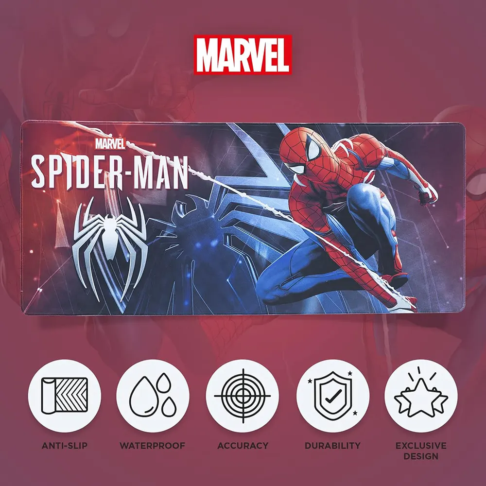 Spiderman gaming desk mat with 80x35cm dimensions, waterproof high-density textile, and anti-slip rubber base