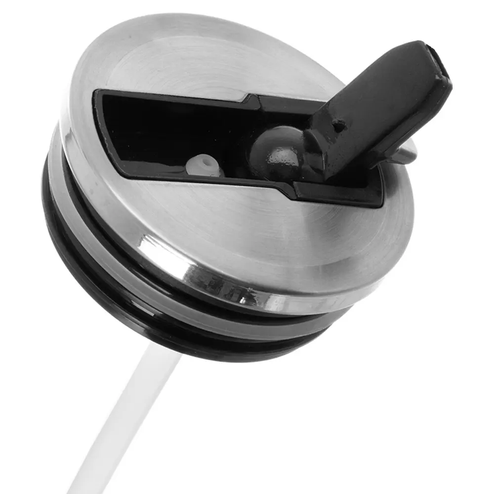 Navy blue stainless steel thermal mug in a soda can shape with headphone .