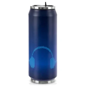 Navy blue stainless steel thermal mug in a soda can shape with headphone graphics.