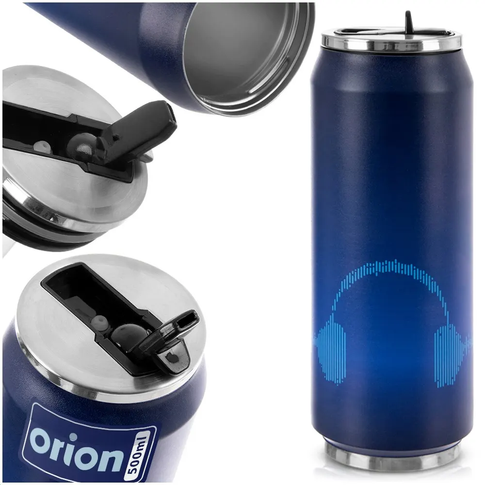 Close-up of the integrated flip-up straw on the lid of the headphone-themed travel can.