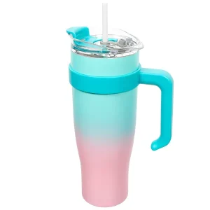 Viral social media 1.2L thermal mug with handle and straw for maximum hydration. Pink and blue