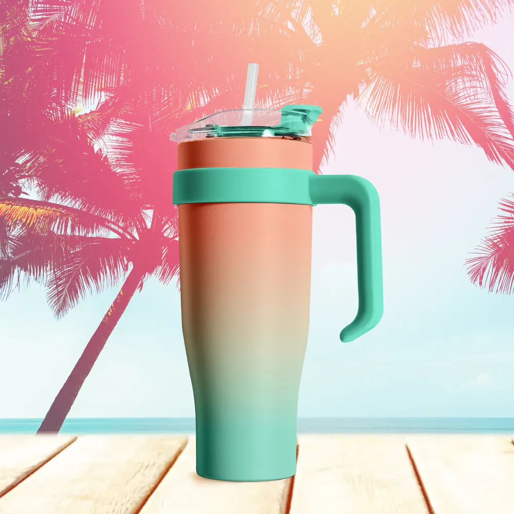 travel-mug-miami-tie-dye-1-2l-thermal-tumbler-7 Giant 1.2L Miami Tie and Dye thermal tumbler in a vibrant orange-green gradient. Bg