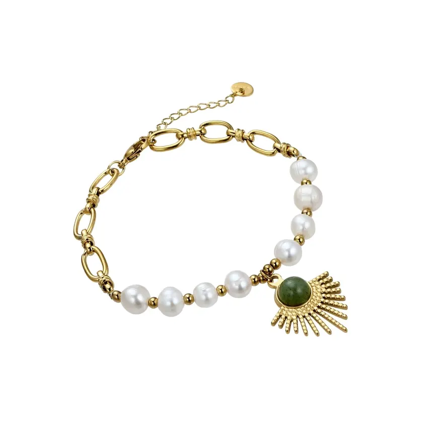 Uboro Gold-plated Steel Bracelet with Natural Pearls, Sun Pattern & Green Stone – Enchanted Beauty