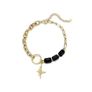Ursina Gold-Plated Steel Chain Bracelet with Lightning Bolt Motif & Natural Stones Black