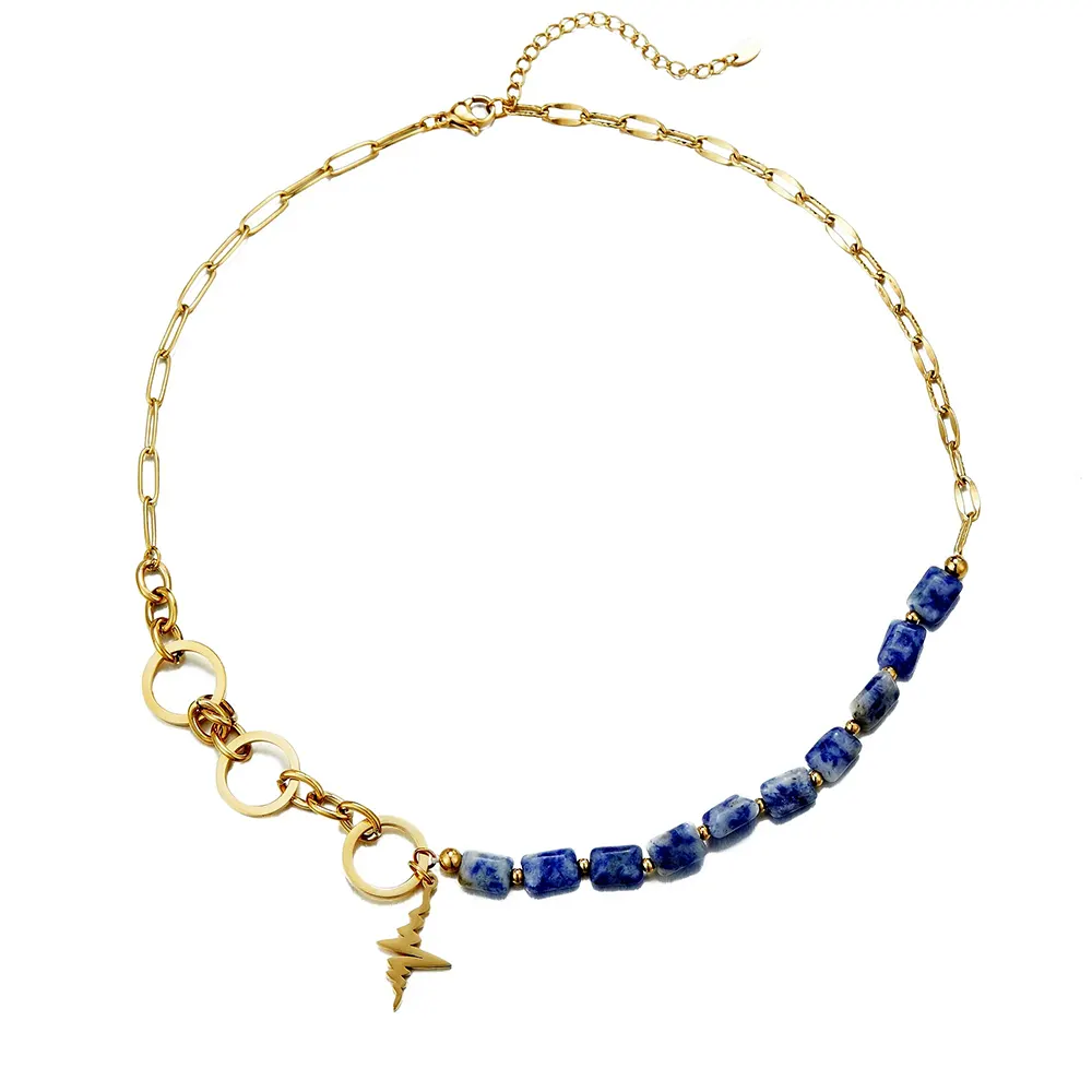 Ursina Gold-Plated Steel Chain Necklace with Lightning Bolt Motif & Blue/Black Natural Stones Blue